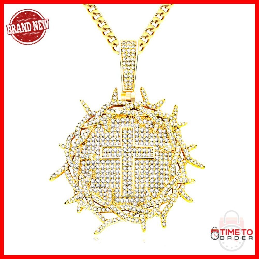 14K Gold Plated Crown of Thorns Cross Pendant Necklace with Cuban Chain